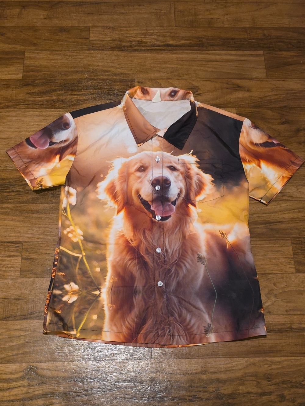Golden Retriever Print Short Sleeve Button-Up Shirt - Golden Brown
